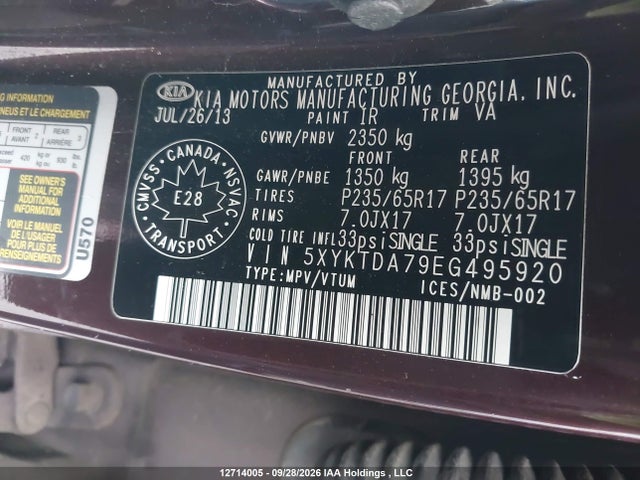 KIA Sorento Lx V6 2014 5XYKTDA79EG495920 Image 9