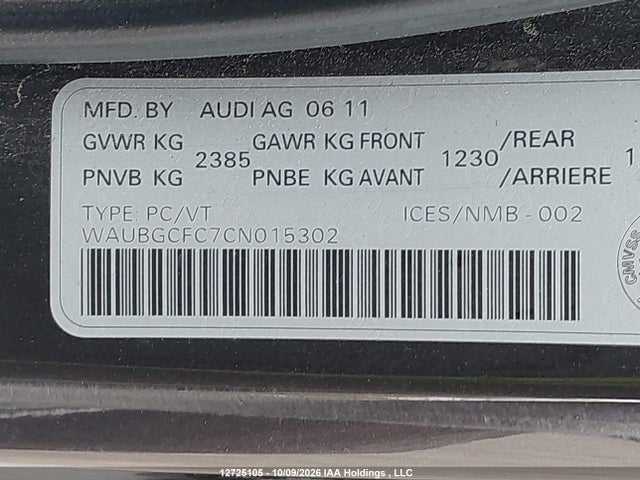 12725105 :رقم المزاد ، WAUBGCFC7CN015302 vin ، 2012 Audi A6 3.0 Premium مزاد بيع