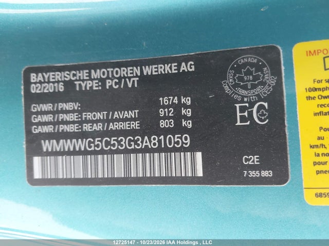Продаж на аукціоні авто 2016 Mini Cooper, vin: WMWWG5C53G3A81059, номер лоту: 12725147