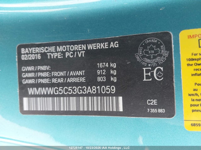 Продаж на аукціоні авто 2016 Mini Cooper, vin: WMWWG5C53G3A81059, номер лоту: 12725147