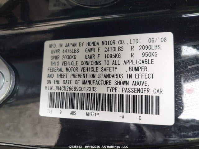 12725153 :رقم المزاد ، JH4CU26689C012383 vin ، 2009 Acura Tsx مزاد بيع