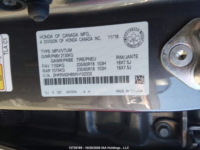 Honda Cr-v Ex-l 2019 2HKRW2H85KH102332 Image 9