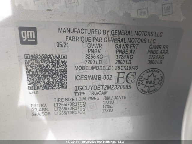 Продаж на аукціоні авто 2021 Chevrolet Silverado K1500 Lt, vin: 1GCUYDET2MZ320085, номер лоту: 12725181