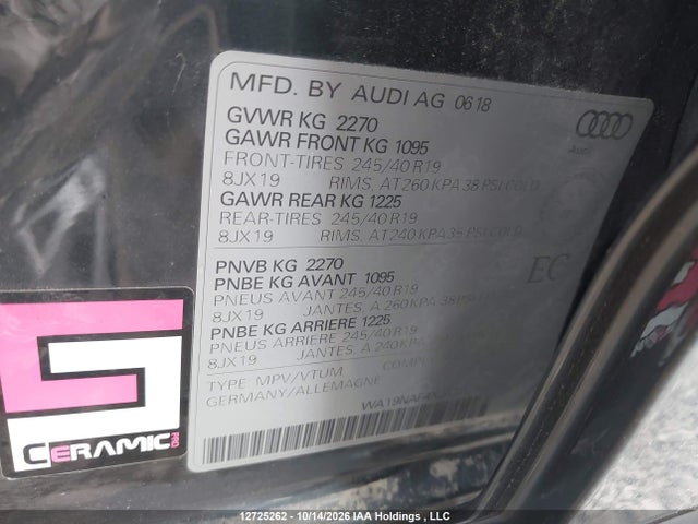12725262 :رقم المزاد ، WA19NAF4XJA207395 vin ، 2018 Audi A4 Allroad 2.0t Technik مزاد بيع
