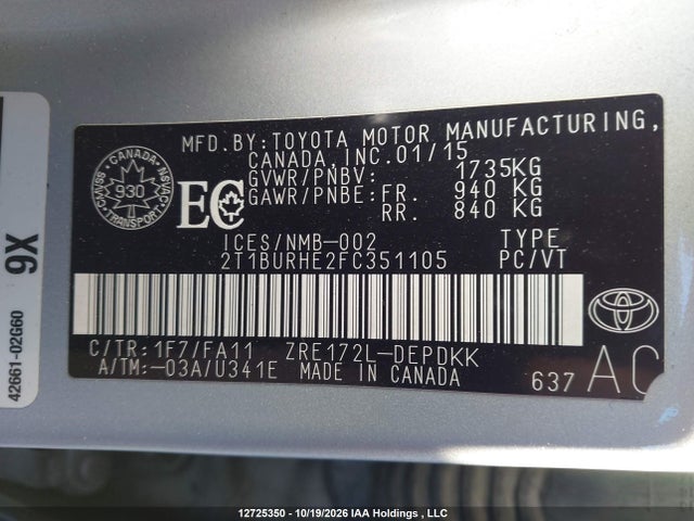Toyota Corolla 2015 2T1BURHE2FC351105 Image 9