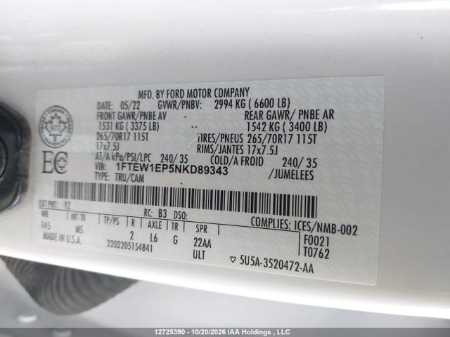 Продаж на аукціоні авто 2022 Ford F150 Supercrew, vin: 1FTEW1EP5NKD89343, номер лоту: 12725390