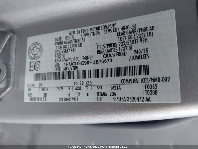 2015 Ford Escape Se მანქანა იყიდება აუქციონზე, vin: 1FMCU9G98FUB76673, აუქციონის ნომერი: 12725412