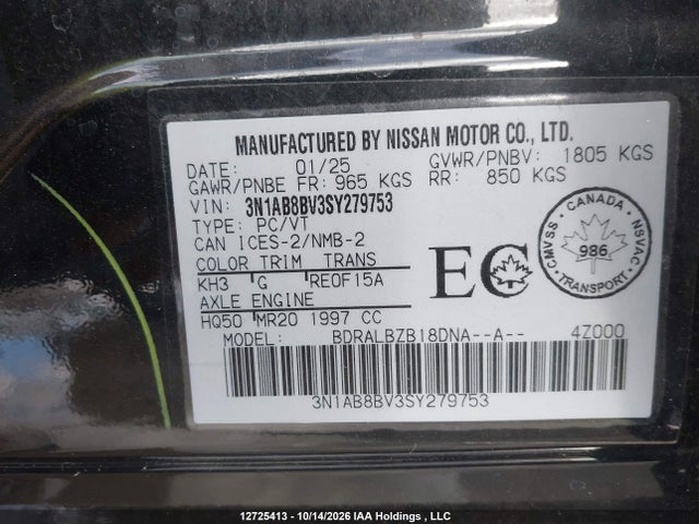 Aukcja sprzedaży 2025 Nissan Sentra S, vin: 3N1AB8BV3SY279753, numer aukcji: 12725413