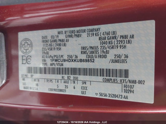 Ford ESCAPE SEL 2019 1FMCU9HDXKUB69852 Image 9