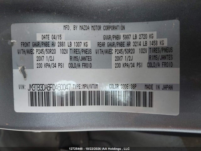 Mazda Cx-9 Grand Touring 2015 JM3TB3DA6F0460047 Image 18