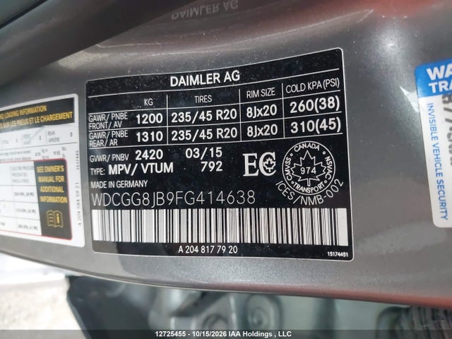 Auction sale of the 2015 Mercedes-benz Glk 350 4matic, vin: WDCGG8JB9FG414638, lot number: 12725455