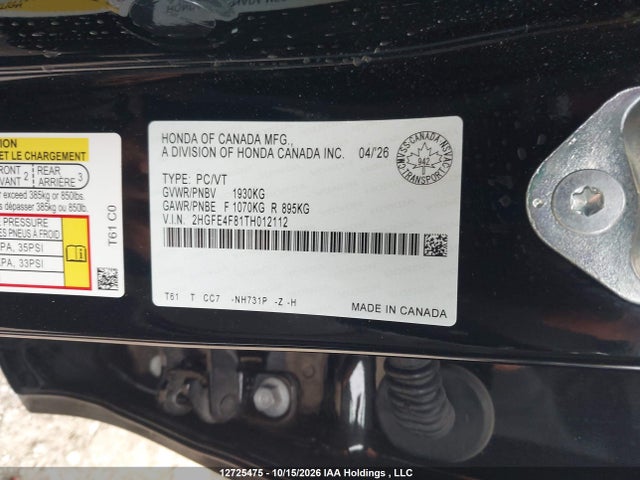 12725475 :رقم المزاد ، 2HGFE4F81TH012112 vin ، 2026 Honda Civic Sport Hybrid/sport Touring Hybrid مزاد بيع