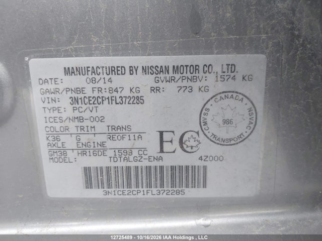 Aukcja sprzedaży 2015 Nissan Versa Note S/s Plus/sv/sl/sr, vin: 3N1CE2CP1FL372285, numer aukcji: 12725489