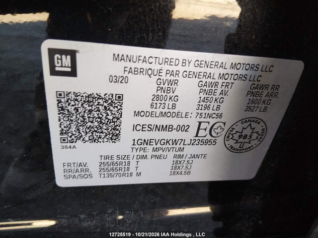 Chevrolet Traverse Lt 2020 1GNEVGKW7LJ235955 Image 9