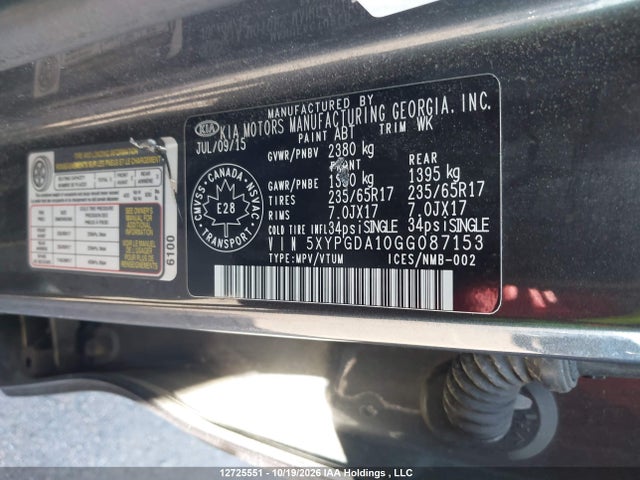 Aukcja sprzedaży 2016 Kia Sorento 2.0l Ex/2.0l Lx+, vin: 5XYPGDA10GG087153, numer aukcji: 12725551