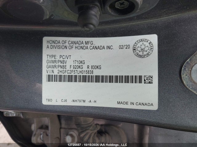 Honda Civic Lx 2020 2HGFC2F57LH015838 Image 9