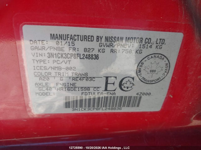 3N1CK3CP8FL248836 Nissan Micra S/sr/sv