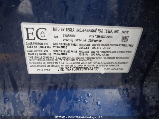 Tesla Model Y 2022 7SAYGDEE0NF484130 Image 19