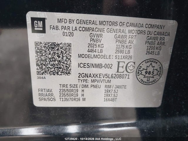 12725620 :رقم المزاد ، 2GNAXKEV5L6208071 vin ، 2020 Chevrolet Equinox Lt مزاد بيع