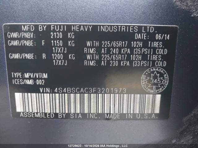 Subaru Outback 2.5i 2015 4S4BSCAC3F3201973 Image 19