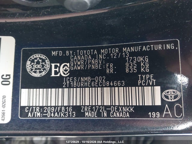 Продажа на аукционе авто 2014 Toyota Corolla L/le/le Pls/prm/s/s Pls, vin: 2T1BURHE6EC084663, номер лота: 12725629