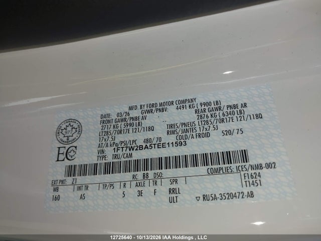 Продаж на аукціоні авто 2026 Ford F-250 Xl, vin: 1FT7W2BA5TEE11593, номер лоту: 12725640