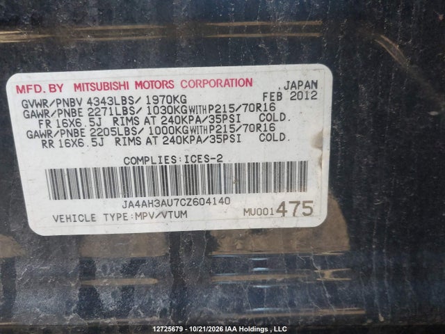 12725679 :رقم المزاد ، JA4AH3AU7CZ604140 vin ، 2012 Mitsubishi Rvr Se مزاد بيع