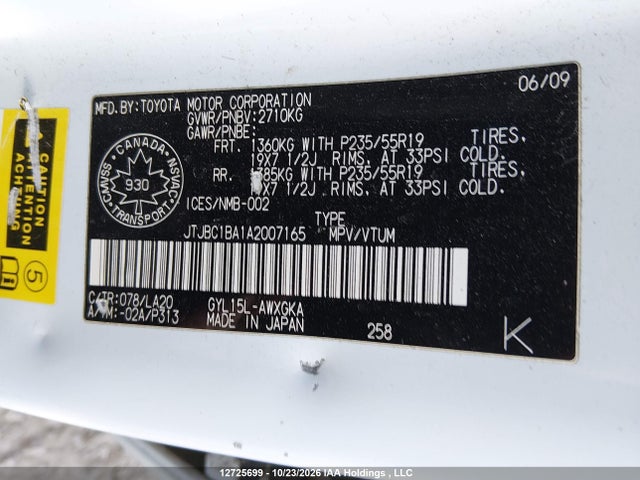 12725699 :رقم المزاد ، JTJBC1BA1A2007165 vin ، 2010 Lexus Rx 450h مزاد بيع