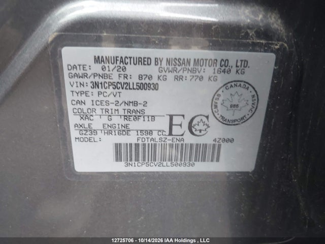 Продаж на аукціоні авто 2020 Nissan Kicks Sv, vin: 3N1CP5CV2LL500930, номер лоту: 12725706