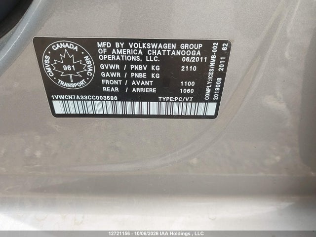 Продажа на аукционе авто 2012 Volkswagen Passat 2.0 Tdi Highline, vin: 1VWCN7A33CC003586, номер лота: 12721156