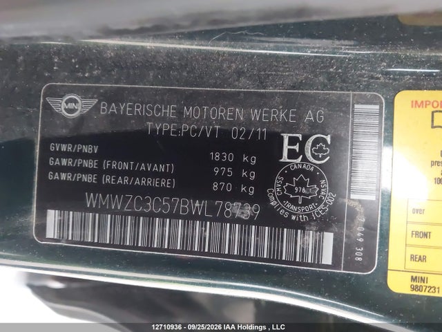 Продажа на аукционе авто 2011 Mini Cooper, vin: WMWZC3C57BWL78739, номер лота: 12710936
