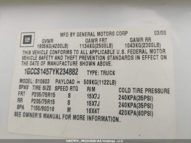 Продажа на аукционе авто 2000 Chevrolet S-10, vin: 1GCCS1457YK234882, номер лота: 12657974
