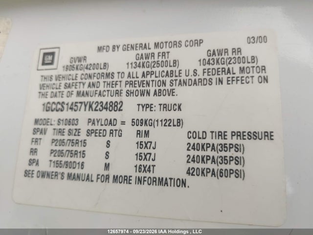 Продажа на аукционе авто 2000 Chevrolet S-10, vin: 1GCCS1457YK234882, номер лота: 12657974