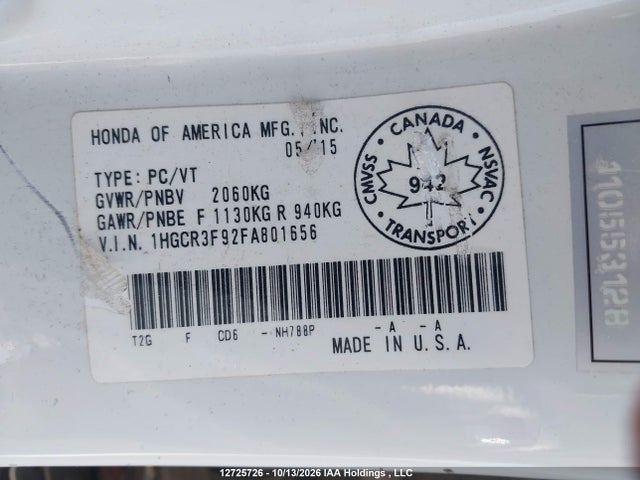 Honda Accord Touring 2015 1HGCR3F92FA801656 Image 9