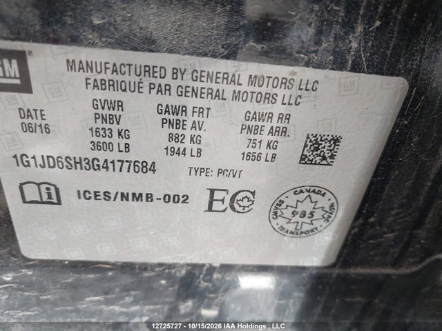 Продажа на аукционе авто 2016 Chevrolet Sonic Lt Manual, vin: 1G1JD6SH3G4177684, номер лота: 12725727