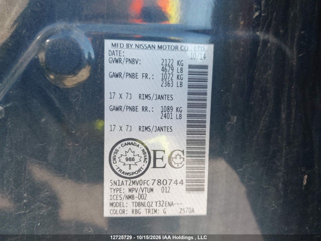 5N1AT2MV0FC780744 Nissan Rogue S/sl/sv