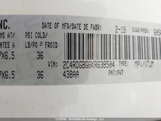 2019 Dodge Grand Caravan Se მანქანა იყიდება აუქციონზე, vin: 2C4RDGBG6KR638504, აუქციონის ნომერი: 12725756