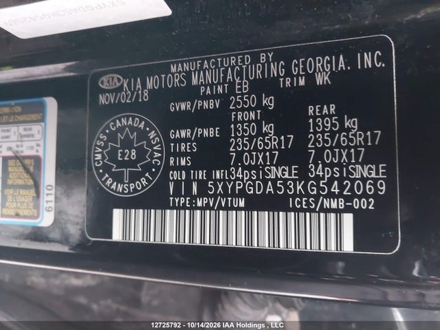 Aukcja sprzedaży 2019 Kia Sorento 2.4l Lx/3.3l Lx, vin: 5XYPGDA53KG542069, numer aukcji: 12725792