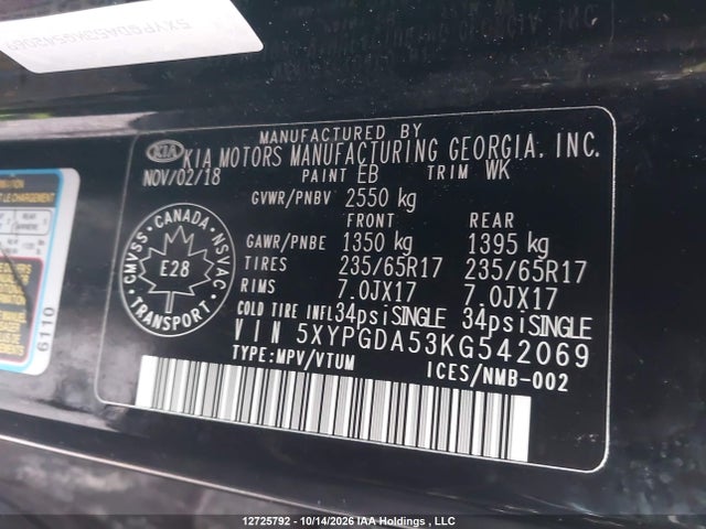 Aukcja sprzedaży 2019 Kia Sorento 2.4l Lx/3.3l Lx, vin: 5XYPGDA53KG542069, numer aukcji: 12725792