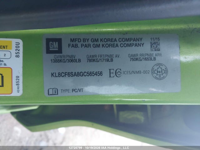 12725799 :رقم المزاد ، KL8CF6SA8GC565456 vin ، 2016 Chevrolet Spark 2lt مزاد بيع