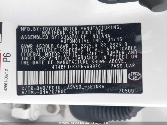 Aukcja sprzedaży 2015 Toyota Camry Le/xle/se/xse, vin: 4T4BF1FKXFR469976, numer aukcji: 12725839