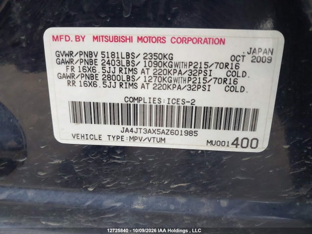 12725840 :رقم المزاد ، JA4JT3AX5AZ601985 vin ، 2010 Mitsubishi Outlander Ls مزاد بيع