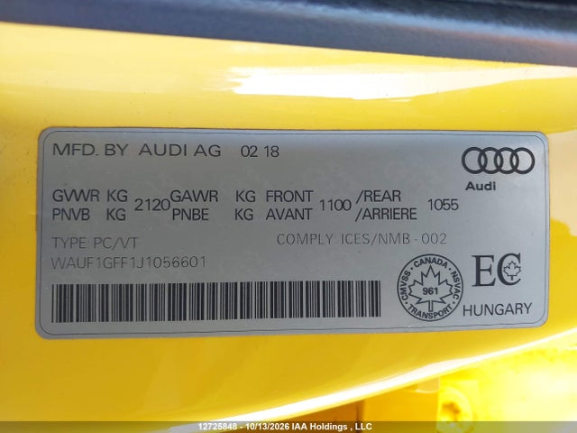 2018 Audi S3 Prestige მანქანა იყიდება აუქციონზე, vin: WAUF1GFF1J1056601, აუქციონის ნომერი: 12725848