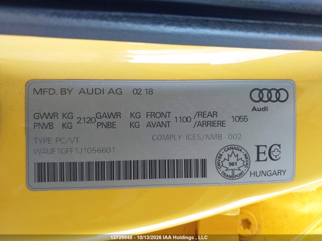 2018 Audi S3 Prestige მანქანა იყიდება აუქციონზე, vin: WAUF1GFF1J1056601, აუქციონის ნომერი: 12725848
