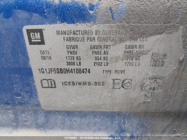 Продаж на аукціоні авто 2017 Chevrolet Sonic Premier, vin: 1G1JF6SB0H4108474, номер лоту: 12725893