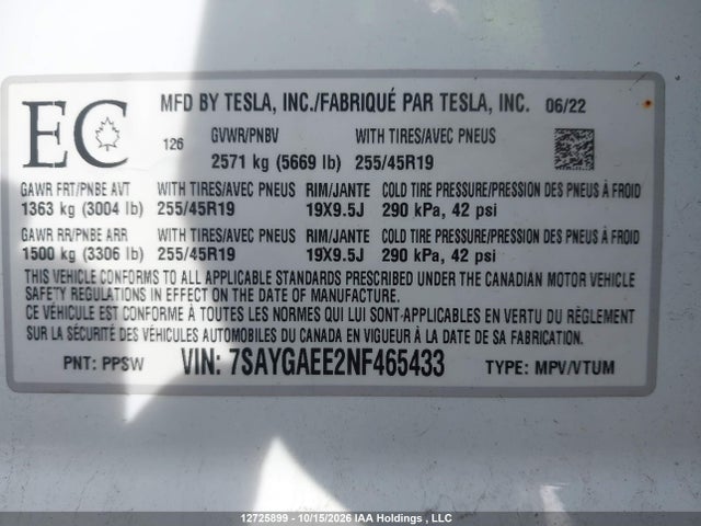 Tesla Model Y Long Range 2022 7SAYGAEE2NF465433 Image 9