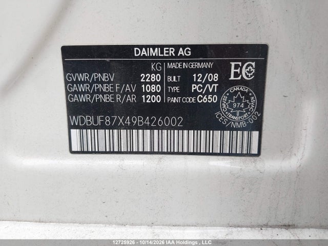Aukcja sprzedaży 2009 Mercedes-benz E 350 4matic, vin: WDBUF87X49B426002, numer aukcji: 12725926