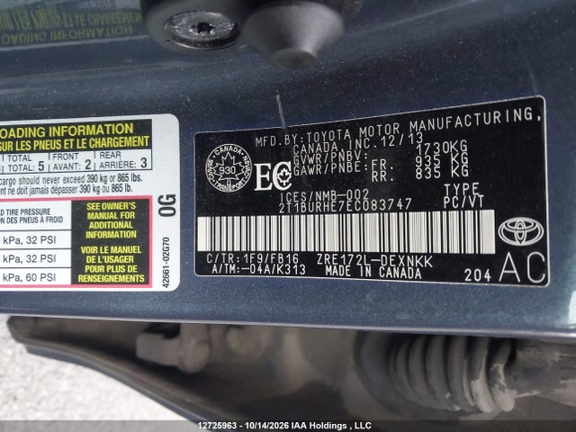 2T1BURHE7EC083747 Toyota Corolla L/le/le Pls/prm/s/s Pls