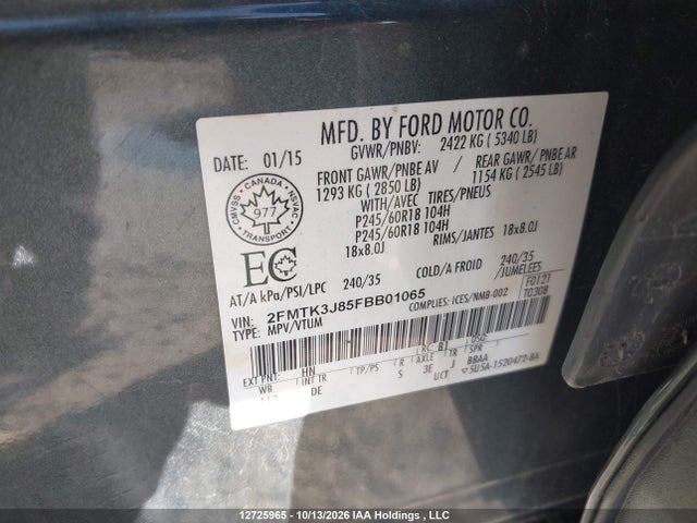 12725965 :رقم المزاد ، 2FMTK3J85FBB01065 vin ، 2015 Ford Edge Sel مزاد بيع