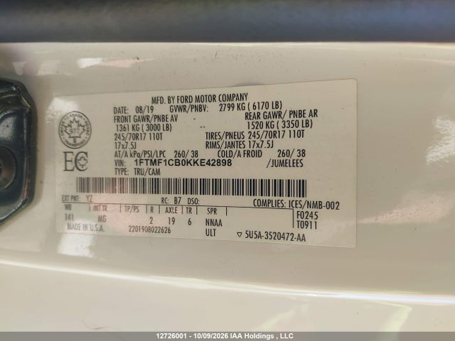 Продажа на аукционе авто 2019 Ford F150, vin: 1FTMF1CB0KKE42898, номер лота: 12726001